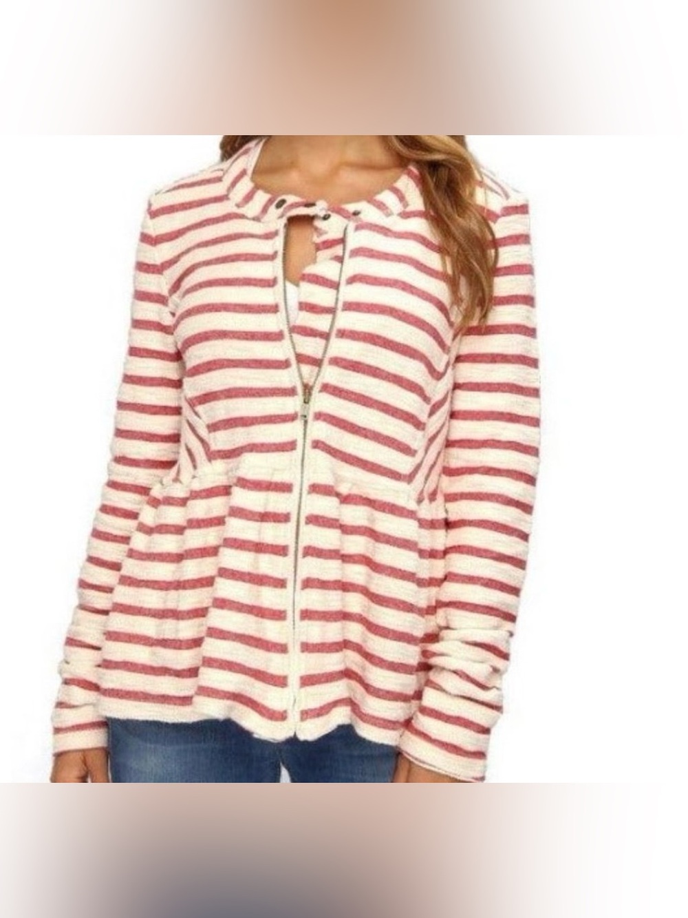 Free People Pink and White Striped Knit Peplum Jacket